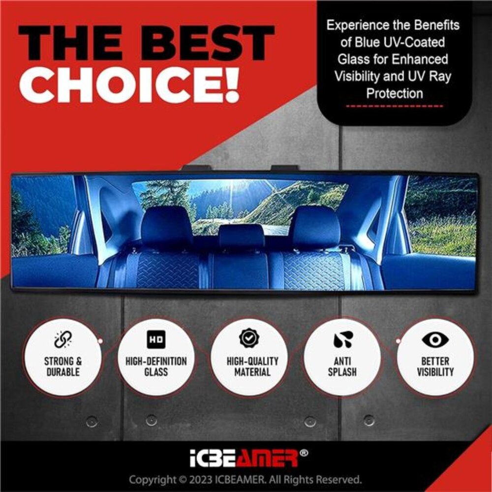 11.8 Inch Car Rearview Mirror, Panoramic Wide Angle, HD Blue Tint Glass,Interior - Picture 2 of 7